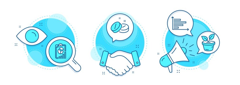 Leaves, Horizontal chart and Medical tablet line icons set. Handshake deal, research and promotion complex icons. Report sign. Grow plant, Presentation graph, Medicine pill. Presentation chart. Vector