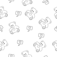 Seamless pattern vector illustration of hand drawn bear with heart in black  Ink drawing, beautiful animal design elements Funny illustration Valentine's Day toy on isolated white background