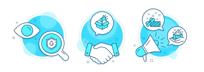 Blood donation, Present and Megaphone box line icons set. Handshake deal, research and promotion complex icons. Skin care sign. Medicine analyze, Gift, Brand marketing. Hand cream. Vector