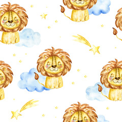 seamless pattern with a lion. Watercolor cartoon lion savanna animal illustration.