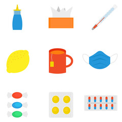 Influenza, seasonal colds. Set of cold treatment icons. Medicines, pills, thermometer