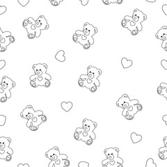 Seamless pattern vector illustration of hand drawn  bear with heart Ink drawing, beautiful animal design elements Funny illustration Valentine's Day toy on isolated white background
