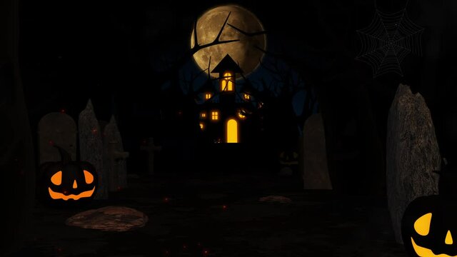 Halloween background with haunted castle, ghost, bats and pumpkins, graves, at misty night spooky with fantastic big moon in sky. 3D animation rendered moving forward in 4K