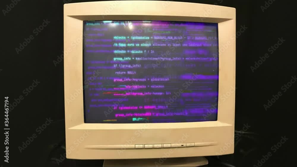 Wall mural hacking an old vintage tv or computer monitor screen 80s 90s style. heavy glitches on screen monitor