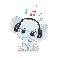 Fototapeta premium Cute cartoon elephant boy with headphones listen to music