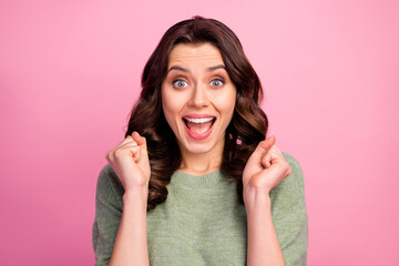 Portrait of astonished energetic girl look incredible sales discount novelty celebrate lottery...