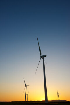 Wind turbines for electric power production, Zaragoza province, Aragon in Spain.