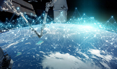 Satellites sending datas exchanges and connections system over the globe 3D rendering elements of this image furnished by NASA