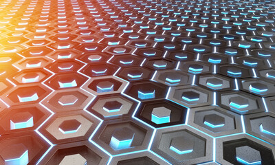 Obraz premium Glowing black blue and orange hexagons background pattern on silver metal surface 3D rendering