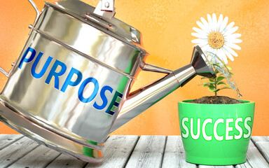 Purpose helps achieving success - pictured as word Purpose on a watering can to symbolize that Purpose makes success grow and it is essential for profit in life and business, 3d illustration