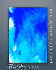 Vector. Fluid art. Liquid marble texture. Blue wave effect. Art brush strokes with acrylic paints. Trendy modern background. Abstract painting. Template for posters, book covers, presentations.