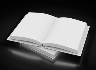 Empty open hardcover book. 3D rendering.