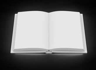 Empty open hardcover book. 3D rendering.