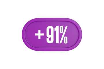 91 Percent increase 3d sign in purple isolated on white background, 3d illustration.	