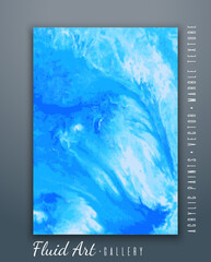 Vector. Fluid art. Liquid marble texture. Blue wave effect. Art brush strokes with acrylic paints. Trendy modern background. Abstract painting. Template for posters, book covers.