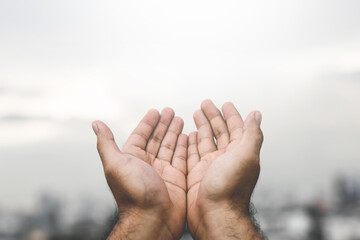 Human hands open palm up worship Praying hands with faith and belief in God of an appeal to the...