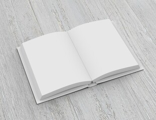 Hard-cover open book on white background. Template of a white blank book. 3D rendering. 