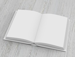 Hard-cover open book on white background. Template of a white blank book. 3D rendering. 