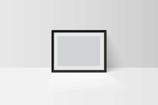 Realistic tree-dimension empty blank black simple frame mockup isolated on light background. Vector horizontal picture or photo border. Gallery, home design interior template.