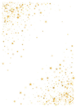 Gold stars background, Flying stars glitter backdrop, Christmas sparkling lights confetti isolated on white. magic shining sparkle vector border.
