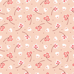 Seamless pattern with flowers and hearts. Pink Valentines background. Happy Valentine's Day.
