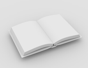 Empty open hardcover book. Book template for advertising. 3D rendering.
