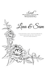 Wedding card with peony flowers and words happy wedding. Black and white colors.