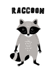 Cute vector raccoon. Scandinavian Nordic poster, card, postcard for nursery kids room