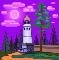 Illustration of a tower on a background of forest and spruce in flat style