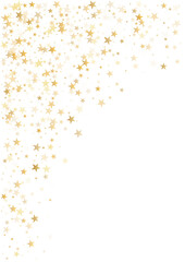 Gold stars background, Flying stars glitter backdrop, Christmas sparkling lights confetti isolated on white. magic shining sparkle vector border.