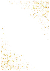 Gold stars background, Flying stars glitter backdrop, Christmas sparkling lights confetti isolated on white. magic shining sparkle vector border.