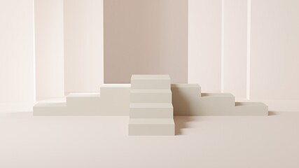 stair podium with block shapes on a soft pastel background. Backdrop design for product promotion. 3d rendering