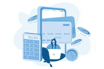 Money savings estimation,, calculator, coins, Vector illustration for web banner, infographics, mobile. 