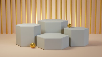 gray pentagonal podium with gold shapes on a pink pastel background. Backdrop design for product promotion. 3d rendering