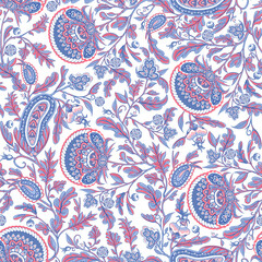 Floral paisley seamless pattern in oriental style. Stylized flower and leaves textile inspired by Turkey or Iran tradition. Buta or Turkish Cucumber.