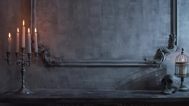 Mystical Halloween still-life background. Skull, candlestick with candles, old fireplace. Horror and witchery.