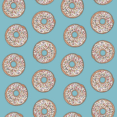 Vector donuts with bright sprinkles seamless repeat pattern. Sweets pattern for wrapping paper packaging and more on blue background