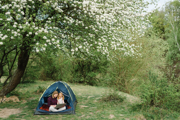 Communicate with relatives, family online on laptop in tent in nature. Woman worker speak talk on video call with colleagues. Mother working with kid. Child make noise and disturb mom.