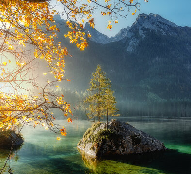 Fototapeta Awesome Sunny nature landscape. Impressively beautiful Hintersee lake at sunrise. best popular location for photographer in Bavarian Alps. view of German Alps, Bavarya, Europe