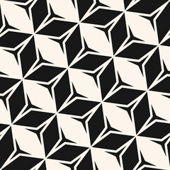 Vector monochrome geometric seamless pattern. Stylish black and white abstract geometric texture with rhombuses, diamonds, triangles, star shapes, diagonal grid. Simple geo background. Repeat design