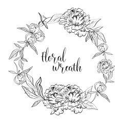 Vector illustration of beautiful floral wreath with peony flowers and space for design on white background