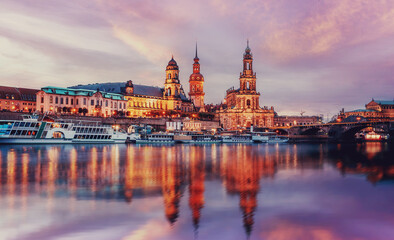 Wonderful Cityscape, The old town of Dresden with the river Elbe after sunset with colorful sky.