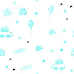 Light BLUE vector seamless backdrop in holiday style. Illustration with a gradient toy car, baloon, candy, star, ball. Design for holiday adverts.