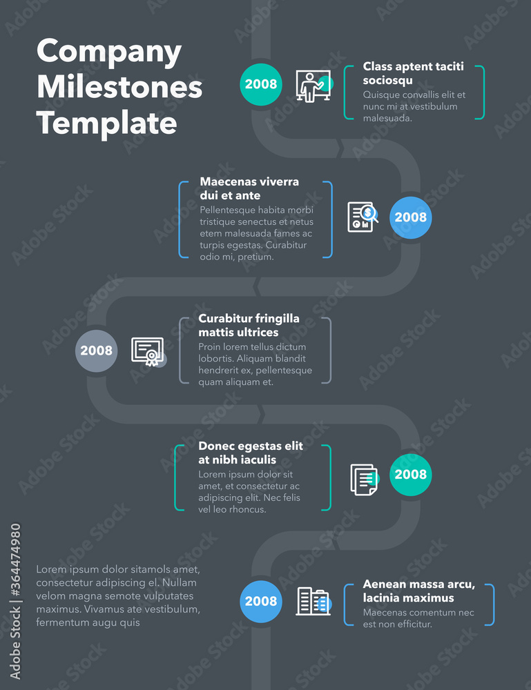 Poster Modern company milestones timeline template - dark version. Easy to use for your website or presentation.	