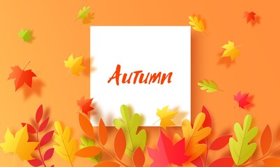 Naklejka na ściany i meble Autumn banner in paper cut style. Square sheet of white paper and paper leaves. Fall leaf cut out of cardboard green yellow and orange colors. Vector card illustration for Thanksgiving day.