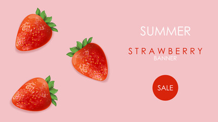 Summer sale banner with strawberry fruits and rose background