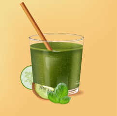 Old fashioned glass with bamboo straw. Spinach green smoothie with kiwi, cucumber and lime decoration
