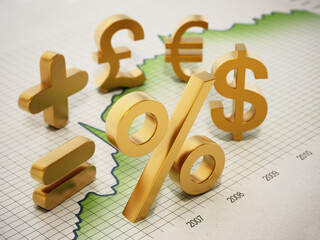 Financial symbols on statistics graph. 3D illustration