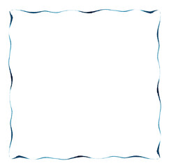 Frame of the wavy blue stripes hand drawn in watercolor isolated on a white background. Watercolor square frame.