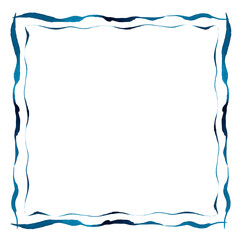Frame of the double wavy blue stripes hand drawn in watercolor isolated on a white background. Watercolor square frame.